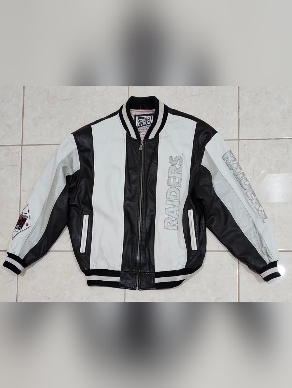 Raiders Black & White Striped Leather Bomber Jacket VERY RARE